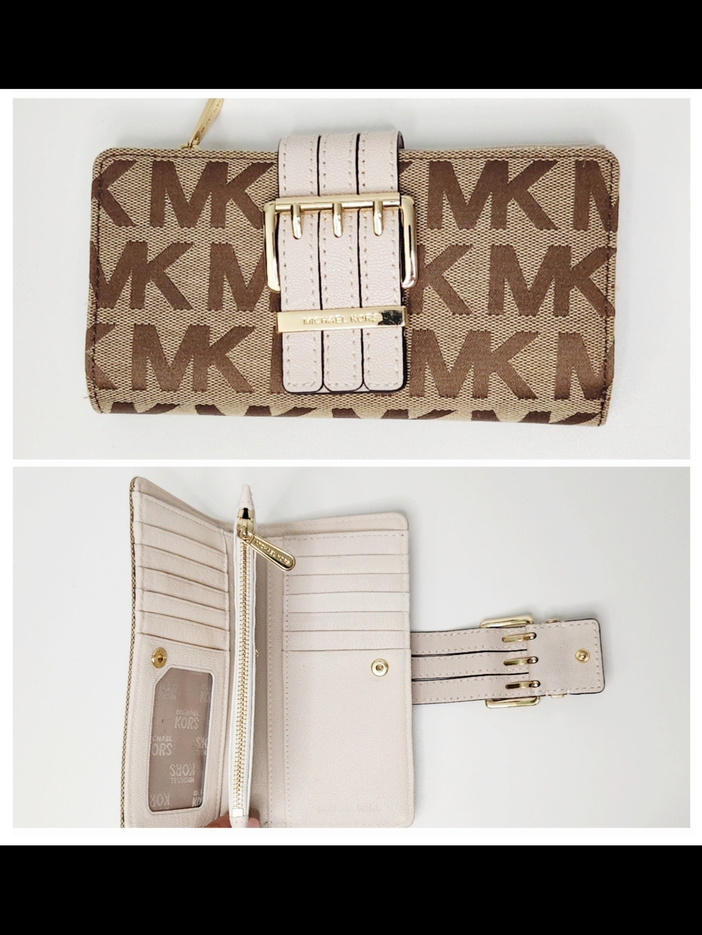 Michael Kors Beige & Brown MK Logo Buckle Continental Wallet